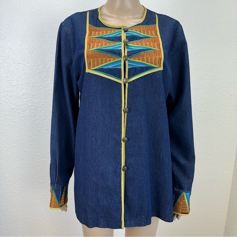 BOB MACKIE wearable art denim Shacket M southwestern heavy embroidered rodeo - Picture 2 of 14